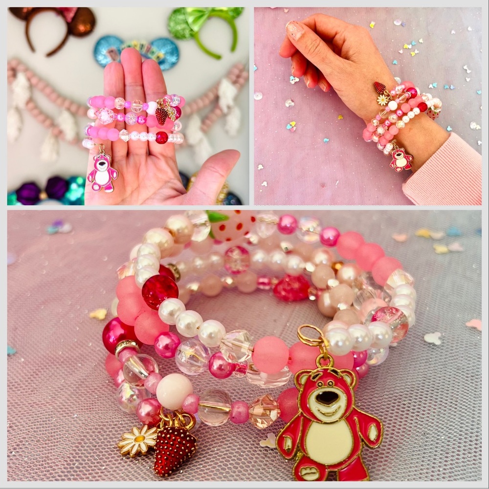 🩷🧸💖 Lotso huggin bear Pixar Toy Story Disney bracelet wrapped beaded handmade